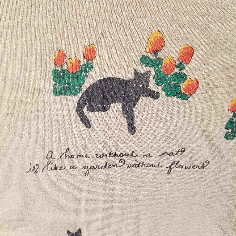 Vintage Painted Lady Cat Flower Cat Lady TShirt Tan Womens Medium USA Made - Picture 3 of 7